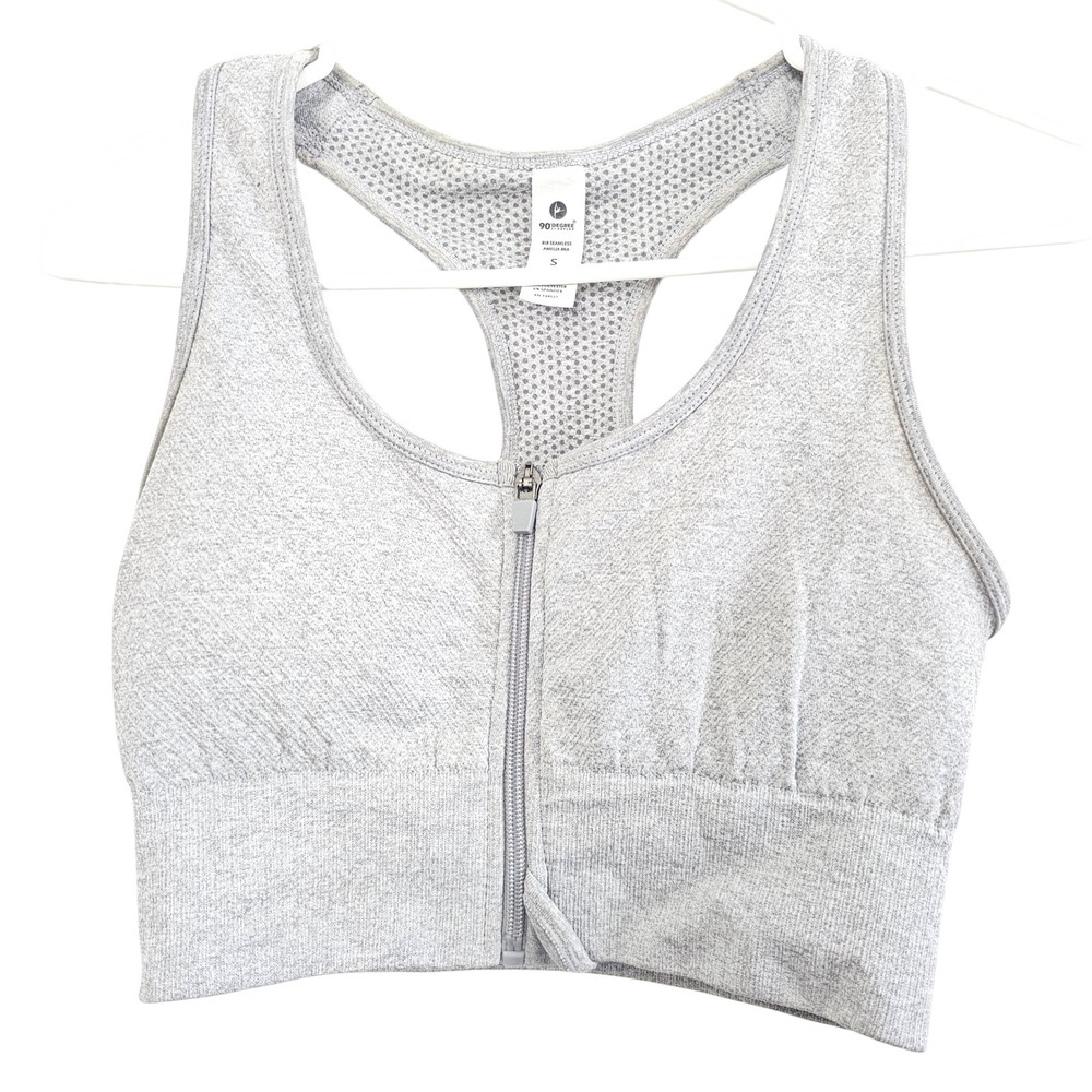 90 Degree by Reflex Amelia Seamless Front Zip Sports Bra Heather Gray Small